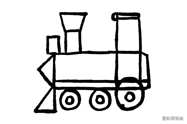 5.小火车车身左边的三角形是小火车的车尾，车尾下边的三角形是小火车车厢与车厢之间连接固定的地方哦！小朋友知道吗？以前的火车有两个烟囱哦，在车尾上边画一个小长方形就是小火车的小烟囱啦！