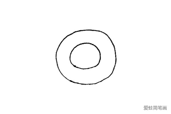第一步：先画上一个圆形，里面再画上一个小的圆形作为盘子。