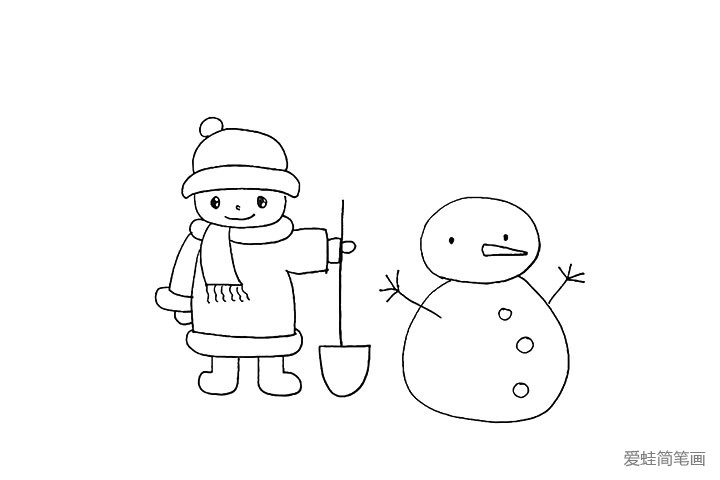 第十六步：在雪人的身体上画出几个圆圆的纽扣。