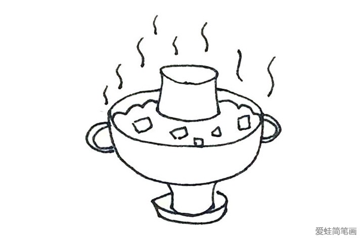 6.火锅里面再加上波浪线，加上一点菜，上面用小波浪线画出热气的感觉。