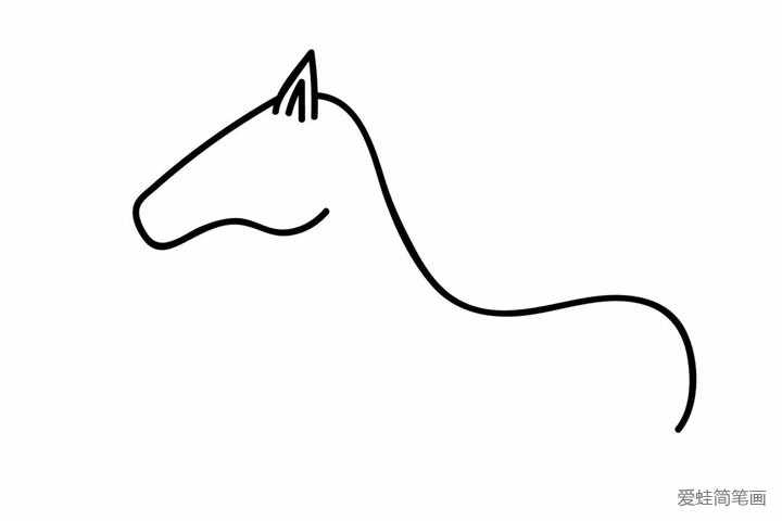 1.勾勒出独角兽的轮廓，画出弯曲的线条以及尖尖的耳朵。