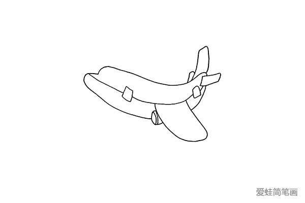 4.再来画出它的翅膀以及翅膀下的发动机。