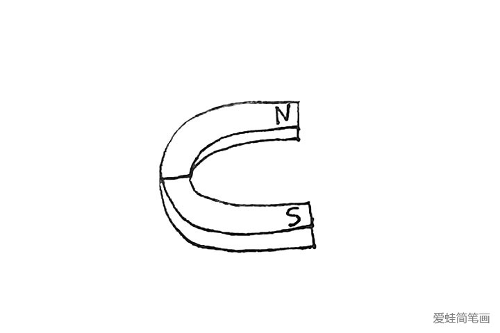 4.接着中间横过来一条线，上面写N”，下面写上“S”。