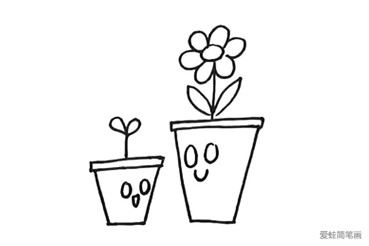 4.给两个花盆画上可爱的表情。