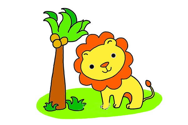 在椰子树旁的可爱狮子简笔画
