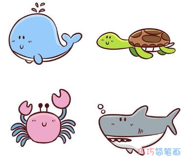 卡通海底世界螃蟹鲸鱼乌龟的画法