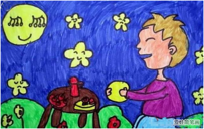 中秋节吃月饼赏月儿童画