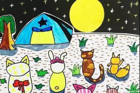 中秋节动物赏月儿童画