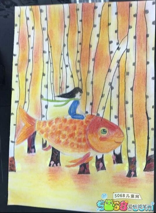 骑着金鱼的小女孩创意彩铅画作品欣赏