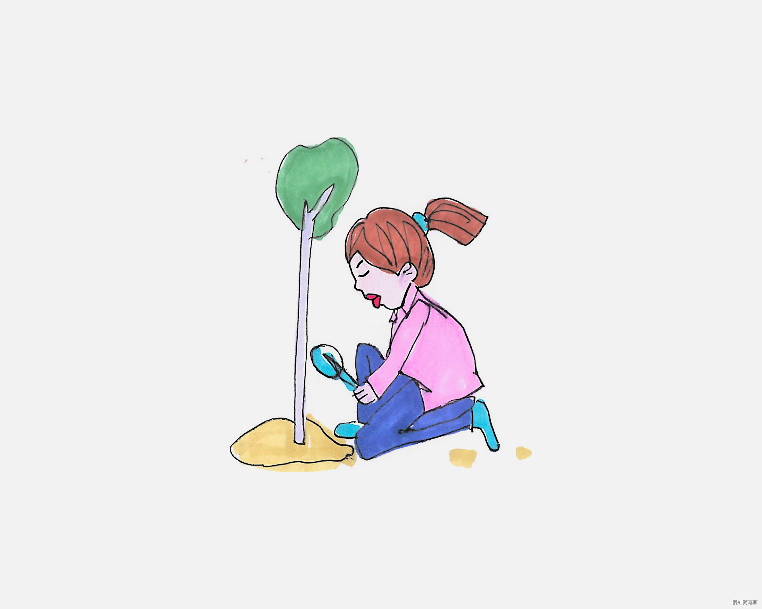 正在植树的女孩简笔画